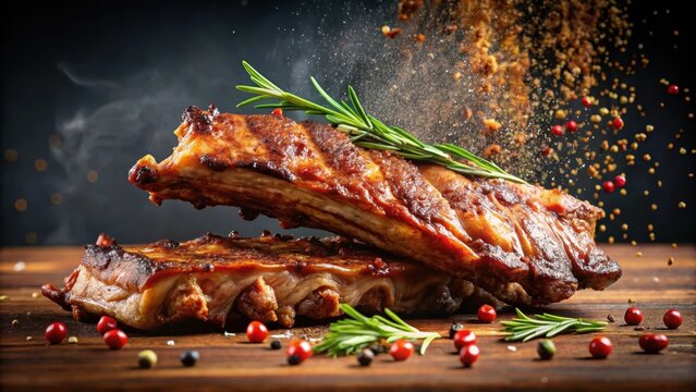 tender pork ribs with spices falling off bone , baked pork ribs, protein,  baked pork ribs