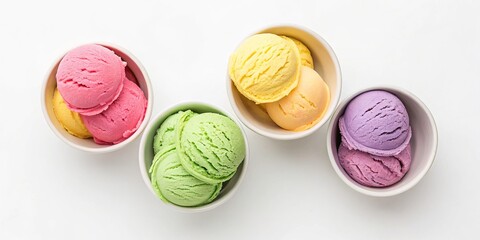 Vibrant scoops of 4 Colorful ice cream, showcasing a variety of colors, each in a separate bowl.