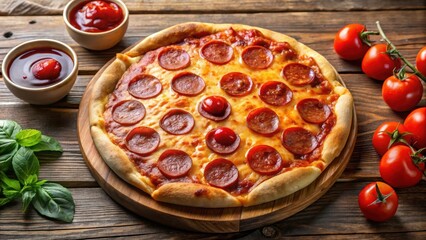 A juicy pepperoni pizza is placed on a wooden board at a high angle, with ketchup drizzled over the top of the pizza and nuggets scattered around the board , food, comfort food