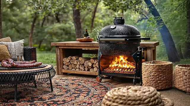 Outdoor barbecue grilling setup in lush forest environment, featuring wooden furniture and rustic decor