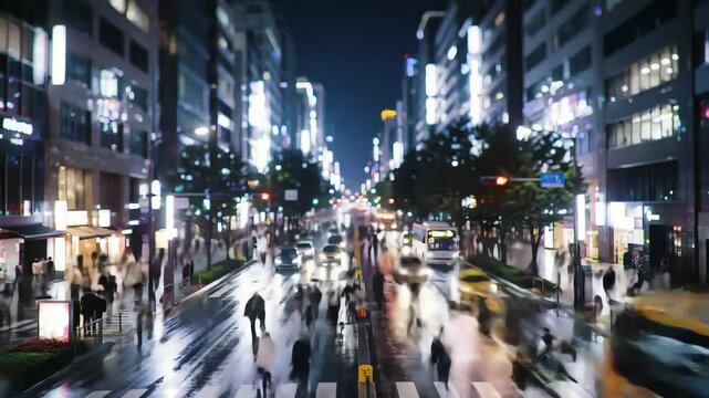 Miniature tilt shift time lapse of a bustling city street at night with rainy reflections and vibrant lights