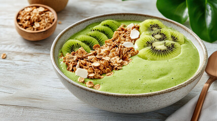 Creamy green smoothie bowl topped with sliced kiwi and crunchy granola, perfect for breakfast
