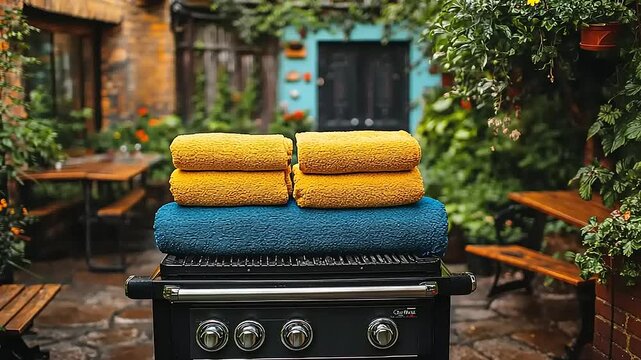 Outdoor barbeque setup with towels, lush greenery, and inviting seating area ambiance