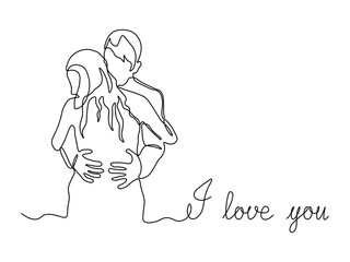 Abstract card with inscription I love you and couple of lovers, a man and a woman hugging, continuous single one line art drawing sketch, logo
