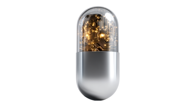 3D render of a silver capsule-shaped pill with a circuit board inside, isolated on a transparent background.  A symbol of the contribution of artificial intelligence to human progress.