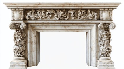 Naklejka premium This ornate marble fireplace showcases intricate carvings and artistic details. It serves as a stunning centerpiece for any interior design. Generative AI