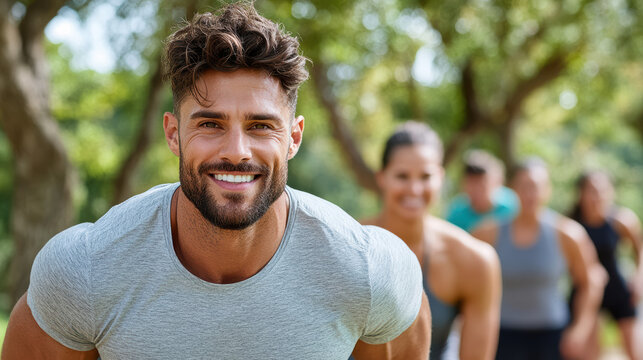 Active outdoor bootcamp participants smiling and exercising together in nature - Powered by Adobe