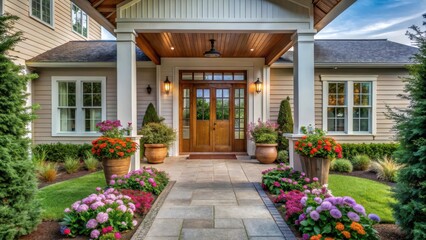 Fototapeta premium Flower-lined pathway leading to a modern farmhouse entrance with large wooden doors and a welcoming porch, design, doorway