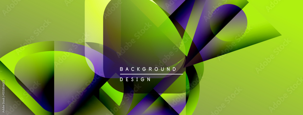 Poster Abstract vibrant design features flowing shapes, gradients. Lime green dominates with purple accents, creating dynamic visual effect. Modern composition.