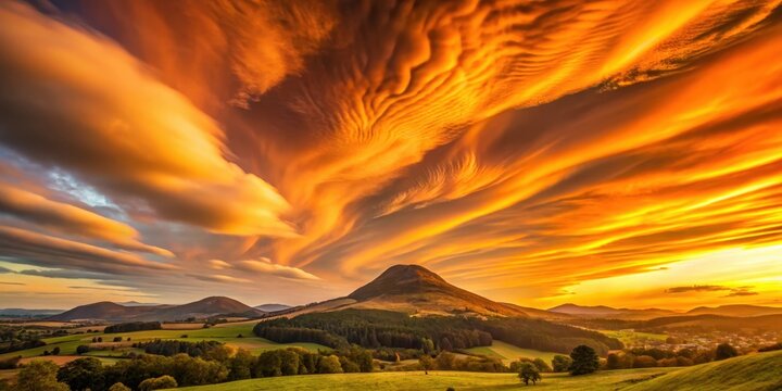 Glowing orange sky with swirling clouds over Eildon Hills at sunset, landscape photography
