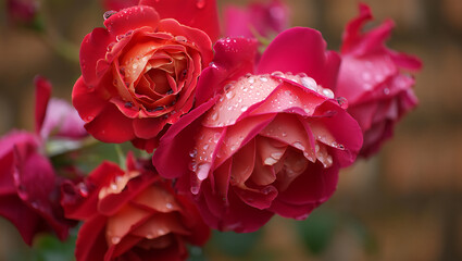 Vivid red roses with raindrops in close up displaying natural beauty and freshness