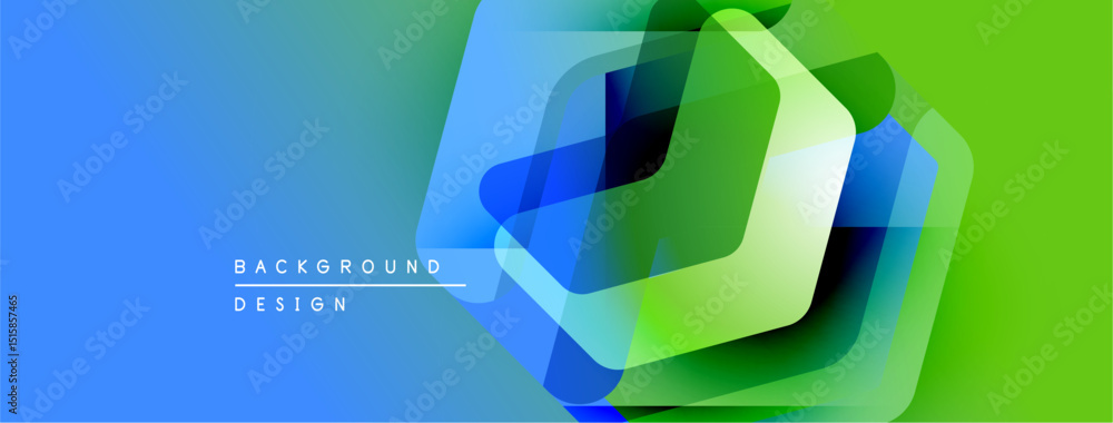 Poster abstract geometric shapes overlap. blue transitions to green. modern design elements create vibrant 