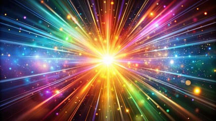 Vibrant light beams dance in mid-air as colorful particles swirl around a central point of radiance , colorful