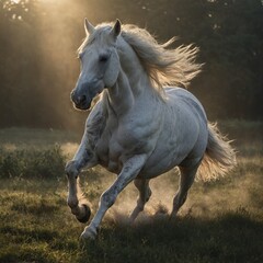 "A white horse galloping through a misty meadow at sunrise, flowing mane and tail, muscle details and atmospheric depth, ultra-realistic"