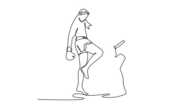 Animated self drawing of continuous line draw two Muay Thai fighters lock up in ring during match and one deliver powerful knee to mid section. Workout in sports club. Full length one line animation