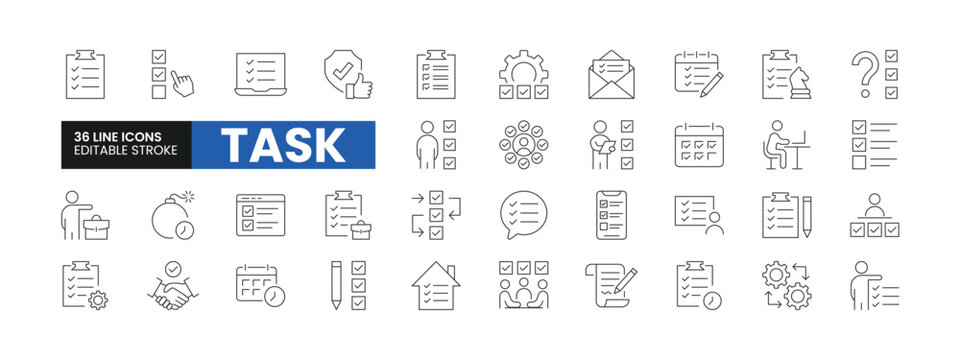 Set of 36 Task line icons set. Task outline icons with editable stroke collection. Includes Planning, Checkbox, Deadline, Office Work, Action Plan, and More.