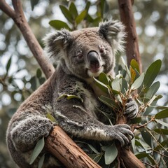 "A koala sleeping on a eucalyptus tree branch under soft daylight, visible fur texture, natural pose and serene setting, lifelike image"