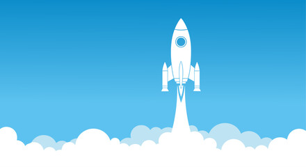 Obraz premium Rocket launch in the sky flying over clouds. Space ship in smoke clouds. Business concept. Start up template. Horizontal background. Simple modern cartoon design. Flat style vector illustration.