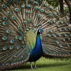 "A majestic peacock strutting across a palace garden with its massive iridescent tail feathers fully fanned out in dazzling display."