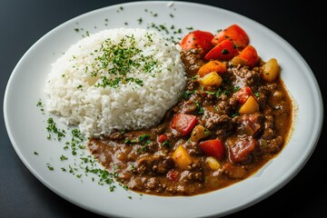 Spicy beef curry over rice with vegetables