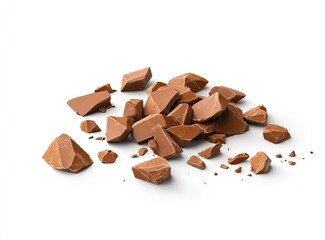 Broken chocolate pieces scattered on a white background