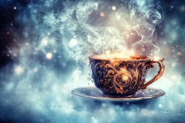 Ornate golden teacup steaming in mystical winter scene