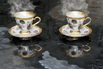 Two steaming teacups, ornate with gold trim and floral designs, sit on saucers, reflected perfectly in a wet surface