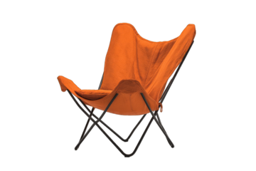 Orange fabric butterfly chair with black metal frame