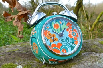 Teal floral alarm clock on a log