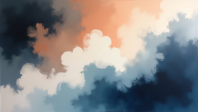 Abstract Painting with Clouds in Navy, Blue, Peach, and White Tones