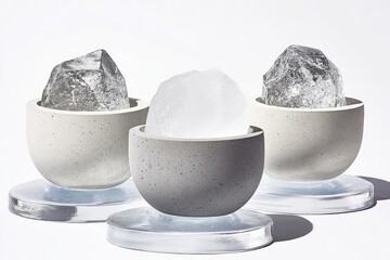 Three speckled gray bowls hold ice cubes