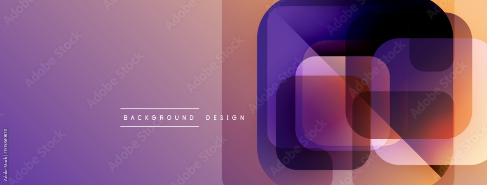 Poster abstract geometric shapes overlap, creating vibrant gradient effect. purple, orange hues dominate de