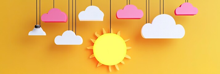 Colorful clouds and sun on yellow background