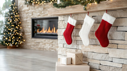 Cozy fireplace decorated with stockings and gifts, creating festive atmosphere
