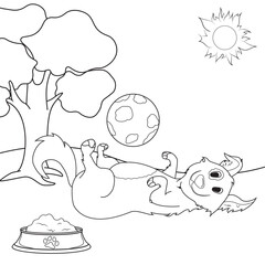 Simple vector coloring page featuring cheerful cartoon dog lying on its back, with a ball and a food bowl in an outdoor scene. Fun and easy illustration for kids or antistress coloring books.