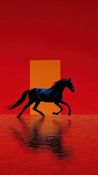 Black horse running in red surreal desert	