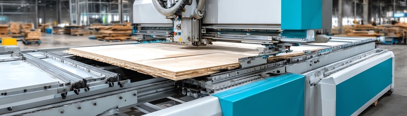 CNC machine in operation, cutting wood in a modern industrial workshop.