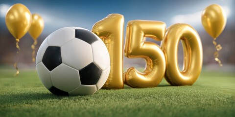  Goldene Ballons mit Zahl 150 und Fußball im Stadion – Vereinsjubiläum