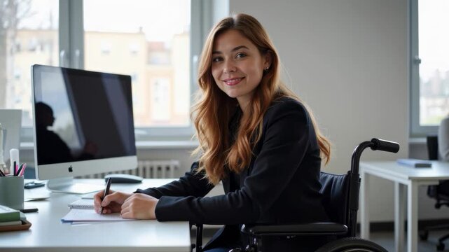 Confident young businesswoman in wheelchair smiling and writing in notebook while sitting at desk and working in modern office with computer