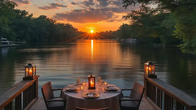 Romantic dinner by the lake at sunset, a serene and picturesque evening scene