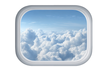 Airplane window view of fluffy white clouds against a light blue sky