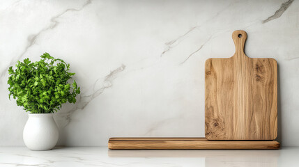 Wooden chopping board, kitchen decor, fresh herbs, minimalist design, marble background