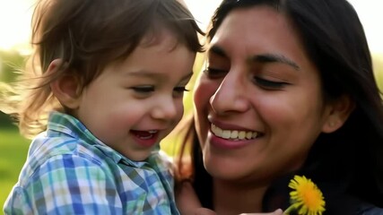 Joyful mother and toddler son share a loving moment outdoors with a yellow flower in bright sunlight - Powered by Adobe
