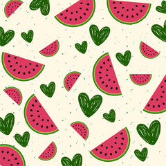 Juicy watermelon slices and small hearts seamless pattern. Summer fruit flat vector illustration. Tropical fruit background for baby fabric, kids textile, packaging, wrapping, scrapbook, wallpaper.