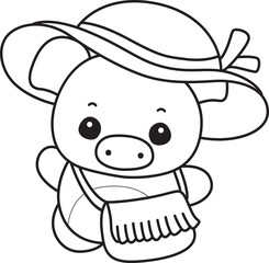 Obraz premium Outline of Funny pig in activities elements.