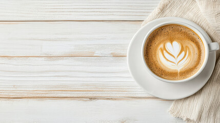 Obraz premium Warm cup of coffee with latte art sits white wooden table, evoking calm and inviting atmosphere