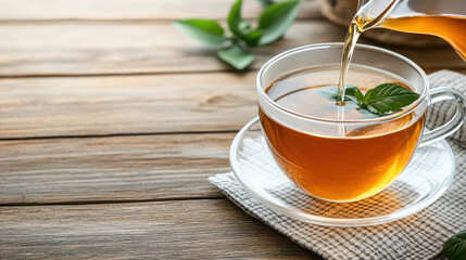 Freshly brewed honey colored tea is being poured into clear cup, creating calming atmosphere