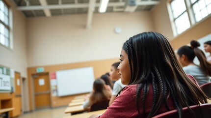 A young student in a classroom, looking attentively, amongst other students. Focus is on her
