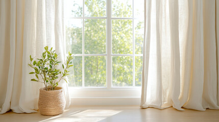 Soft linen curtains gently sway in afternoon breeze, framing serene view of greenery outside