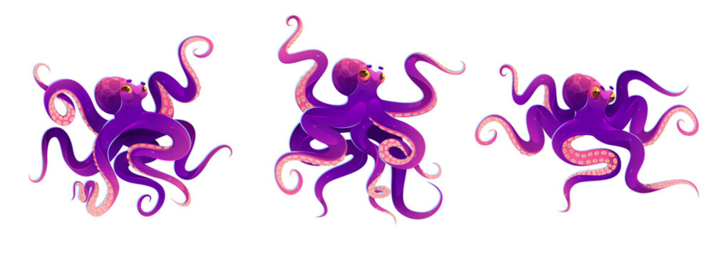 Cartoon octopus character with purple tentacles - playful sea creature swim, twist and wave arms. Marine animal with curly limbs and suction cups for underwater adventure game or ocean illustrations.